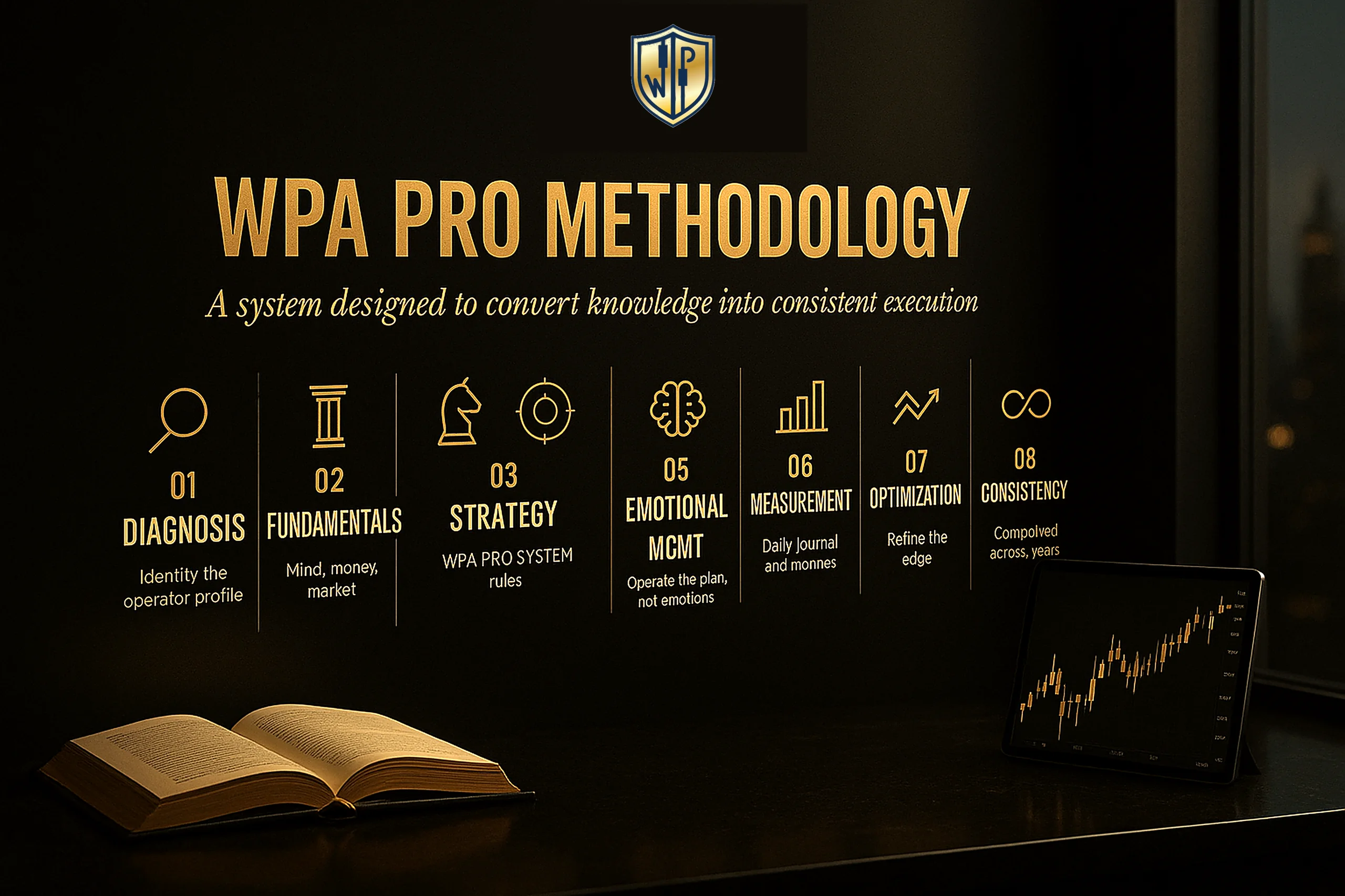 WPA PRO™ Methodology — Horizontal timeline of 8 steps: 01 Diagnosis, 02 Fundamentals, 03 Strategy, 04 Execution, 05 Emotional Management, 06 Measurement, 07 Optimization, 08 Consistency. WPA PRO SYSTEM manual and dashboard tablet on institutional desk.