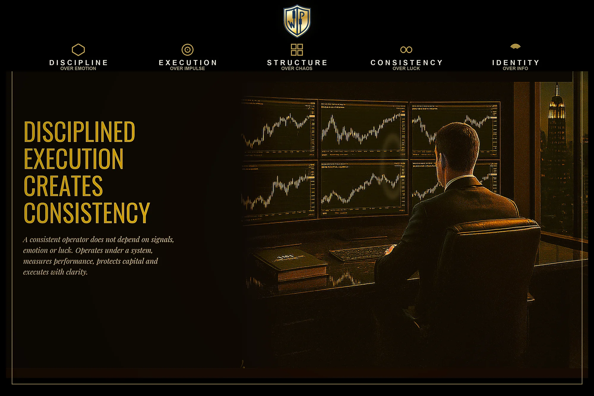 WPA operator at his institutional workspace: five posters of the pillars (Discipline over Emotion, Execution over Impulse, Structure over Chaos, Consistency over Luck, Identity over Information), six monitors with market analysis and performance metrics, books and WPA PRO SYSTEM materials on the desk.